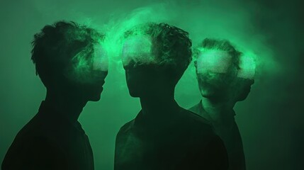 Silhouette figures enveloped in luminous green smoke.