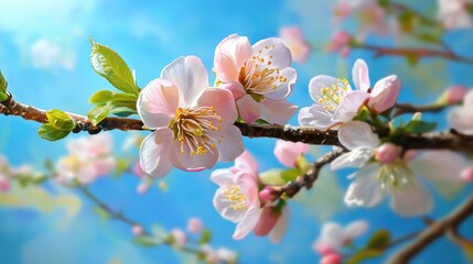 Obraz premium Close-up of spring blossoms on fruit tree branch, vibrant and lifelike floral detail