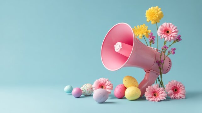 Pastel pink megaphone surrounded by Easter eggs and flowers on a light blue background