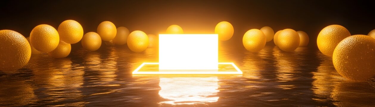 Illuminated cube surrounded by orbs in a reflective surface.