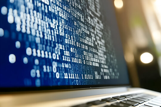 Close up view of a laptop screen displaying binary code illustrating data processing in the digital age and modern technology - Powered by Adobe