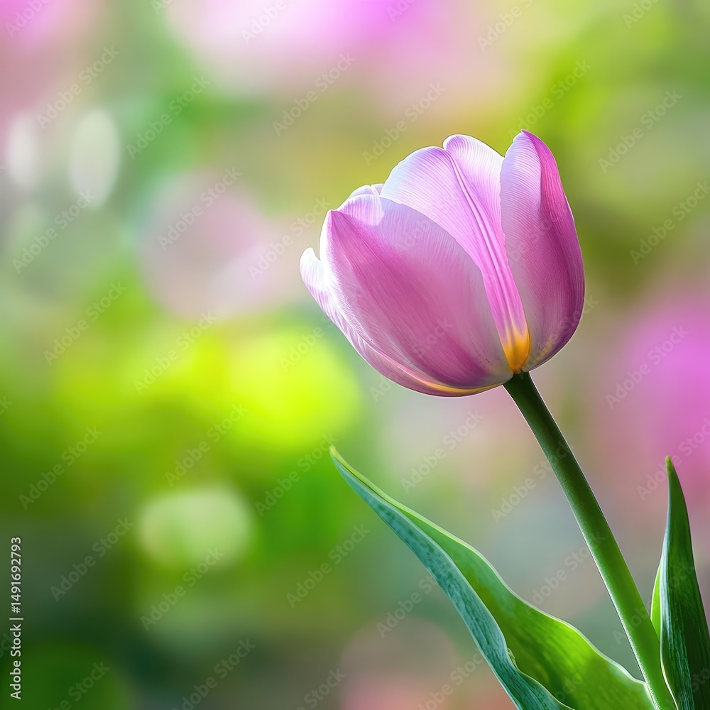 Poster closeup of blooming tulip flower in spring on pastel bokeh background