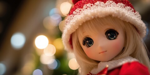 Fototapeta premium Blond doll with blue eyes wearing red and white knit hat against a plain white background.