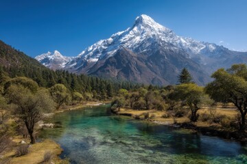 Snow Capped Mountain Peaks Reflecting in Clear River Waters Landscape Scenery in Yading Nature Reserve China