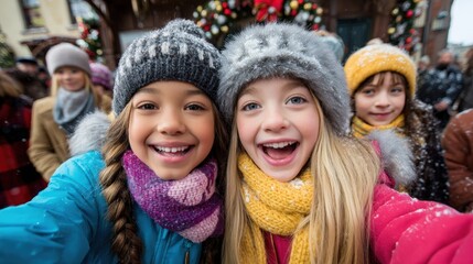 Two girls dressed in winter clothes taking a selfie outdoors in the snow during daytime.
