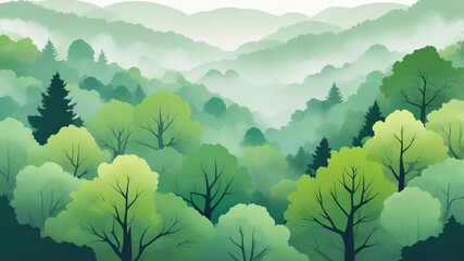 Fototapeta premium Misty Green Forest Landscape Serene Nature Illustration