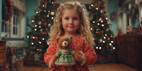 Little girl holding teddy bear near decorated Christmas tree with colorful lights indoors during daytime.