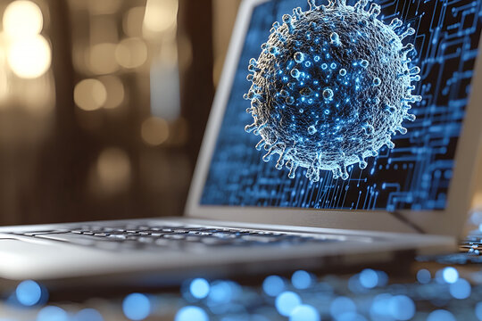 Conceptual visualization of a computer screen displaying a coronavirus illustrating digital threats and cyber security risks