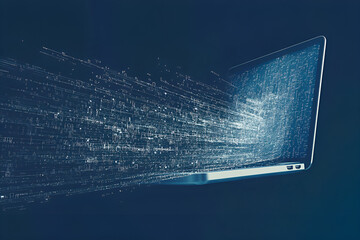 Digital data flow emerging from laptop depicting information technology and modern computing systems