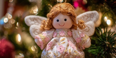 Small white angel ornament hanging on a green Christmas tree with blurred warm lights background.
