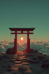 Fototapeta premium Torii gate emerging from clouds at sunset in a japanese shrine