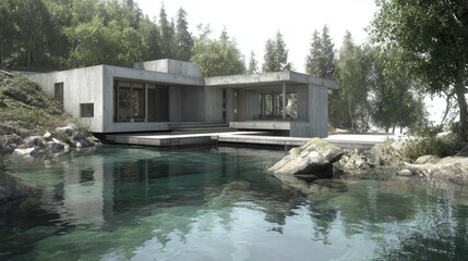 Obraz premium Lakeside Modern Home Concrete Architecture Reflects in Tranquil Water.
