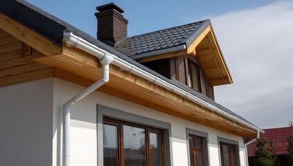 Section of a white house with a new wooden eave, chimney, and grey shingle roof, against a brown facade.
