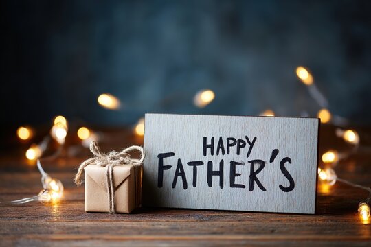 Happy father's day greeting card standing on wooden table with gift and lights. High quality
