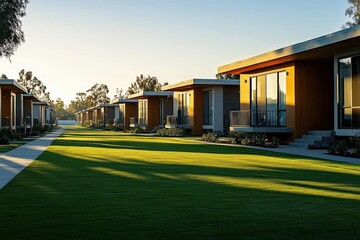 Fototapeta premium Modern single-story houses with large windows aligned along a sidewalk and well-maintained green lawns under warm sunlight during late afternoon