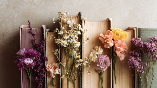 Vintage books adorned with delicate flowers - Powered by Adobe