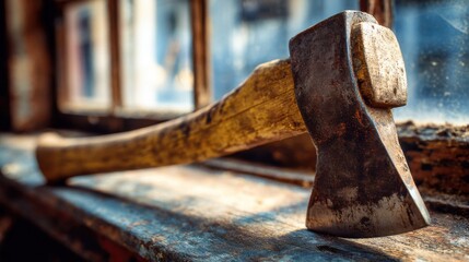 Close up of a weathered axe resting on a rustic wooden surface in a workshop setting with natural light