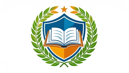 Logo featuring an open book surrounded by a laurel wreath and a star, symbolizing knowledge and achievement in education