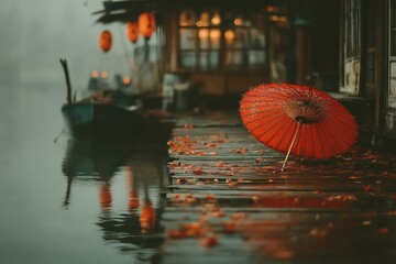 Red japanese umbrella resting on pier in moody rainy day
