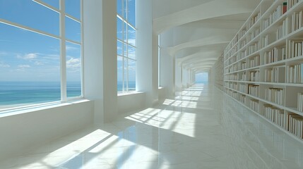Obraz premium Coastal Library Serene Hallway with Ocean View with LightFilled.