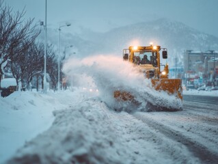 Snowplow removing deep snow from city street during winter storm front view with mountain backdrop