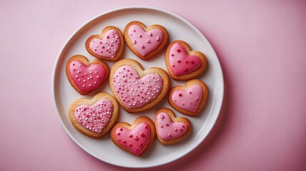 Assorted heart-shaped cookies with pink and red icing decorated with small round sprinkles on a white plate against a pink background