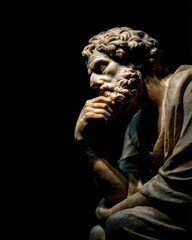 Pensive Marble Sculpture of Ancient Philosopher Contemplating Ideas in Dramatic Lighting Studio Shot