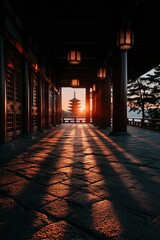 Kiyomizu-dera temple at sunset illuminating corridor with traditional lanterns