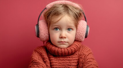 Little girl in ear muffs and cozy sweater standing outdoors in soft daylight winter setting.