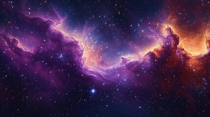 Obraz premium Vibrant cosmic nebula with glowing purple and orange clouds of gas and dust illuminated by distant stars in deep space