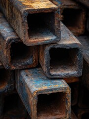 Stack of Rusty Metal Square Tubing Close Up Industrial Material Texture Detail Abstract Pattern
