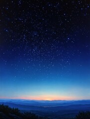 Fototapeta premium Vast night sky filled with numerous stars above layered mountain silhouettes during twilight with a soft gradient of blue to pink at the horizon