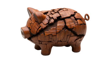 Cracked wooden piggy bank demonstrates financial trouble, fragility, and economic downturn on white background.