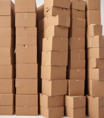 Neat stack of brown cardboard boxes on white background , shipping box, sustainable