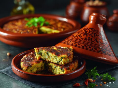 Moroccan Tagine Dish with Potato and Herb Cake Still Life Close Up in Studio Setting