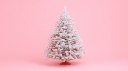 Small white Christmas tree decorated with pink ornaments on a plain background, ideal for holiday themes.