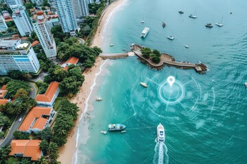 Sailing adventure coastal city aerial view vibrant waters serene environment marine exploration