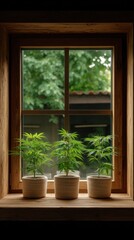 Fototapeta premium Three Cannabis Plants in Pots on Wooden Windowsill with Natural Light and Greenery in Background Indoor Home