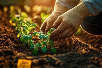 close-up of gloved hands carefully planting small green seedlings in rich soil during warm sunlight
