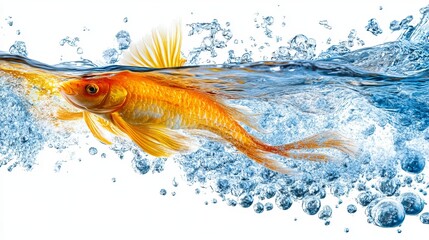 A vibrant goldfish gracefully swims through clear water, creating dynamic splashes and bubbles against a white backdrop