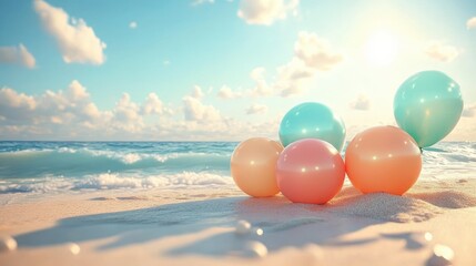 Colorful balloons resting on a sandy beach with gentle waves and a bright sunlit sky creating a cheerful and peaceful atmosphere