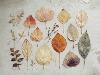 Fototapeta premium pressed autumn leaves on a journal page, viewed from above, muted earth tones, delicate composition, space on the right for text,