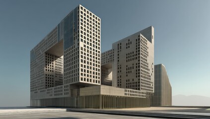 AI-generated design of a building with a grid-patterned facade reflecting modern architecture.
