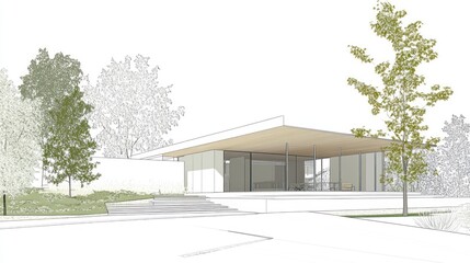 Modern house architectural design rendering showing exterior, landscaping, and driveway.