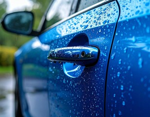 Close up of a blue car door and handle covered in water droplets after a rain shower in the outdoors