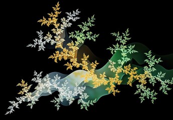 Abstract fractal pattern with branching structures in yellow, white, and green hues flowing over a dark background representing organic and fluid motion