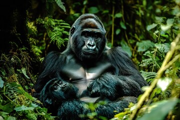 Naklejka premium Adult gorilla holding a young gorilla in lush green forest with protective and calm expression