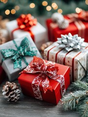 Red and silver wrapped gifts with bows and pine cones, festive holiday presents on a white background.