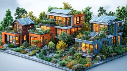 Fototapeta premium Eco-friendly homes nestled in a vibrant urban garden. Modern sustainable dwellings with rooftop gardens and solar panels