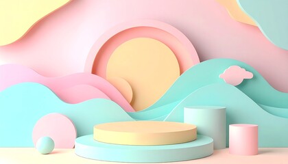 Fototapeta premium A colorful abstract landscape featuring layered geometric shapes in pastel hues, evoking a playful and serene atmosphere